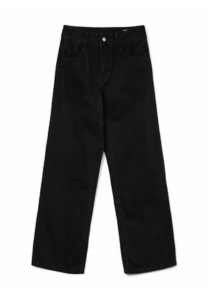 Blugi negri, cu croială largă, din denim, cu talie înaltă, buzunare frontale și închidere cu nasture. Textură fină, cu un design clasic.