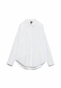 Chemise blanche à boutons avec un col classique, manches longues, ourlet arrondi et petits accents de pois noirs sur l'ensemble du tissu.
