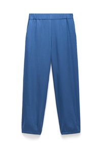 Blue elastic waist straight-leg pants with side pockets, made from lightweight fabric.