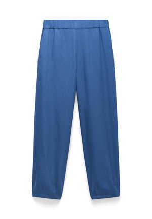 Niebieskie spodnie z prostymi nogawkami, elastycznym pasem i bocznymi kieszeniami, wykonane z lekkiego materiału.