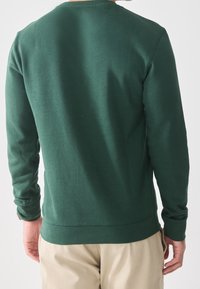 Sudadera verde oscuro con mangas largas, puños y dobladillo acanalados. Textura suave, cuello redondo clásico, diseño liso en la parte trasera.
