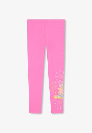 Rosa leggings i en elastisk bomullsblandning med färgglada stjärn- och hjärtdesigner med strålande linjer på ena sidan. Slät yta.