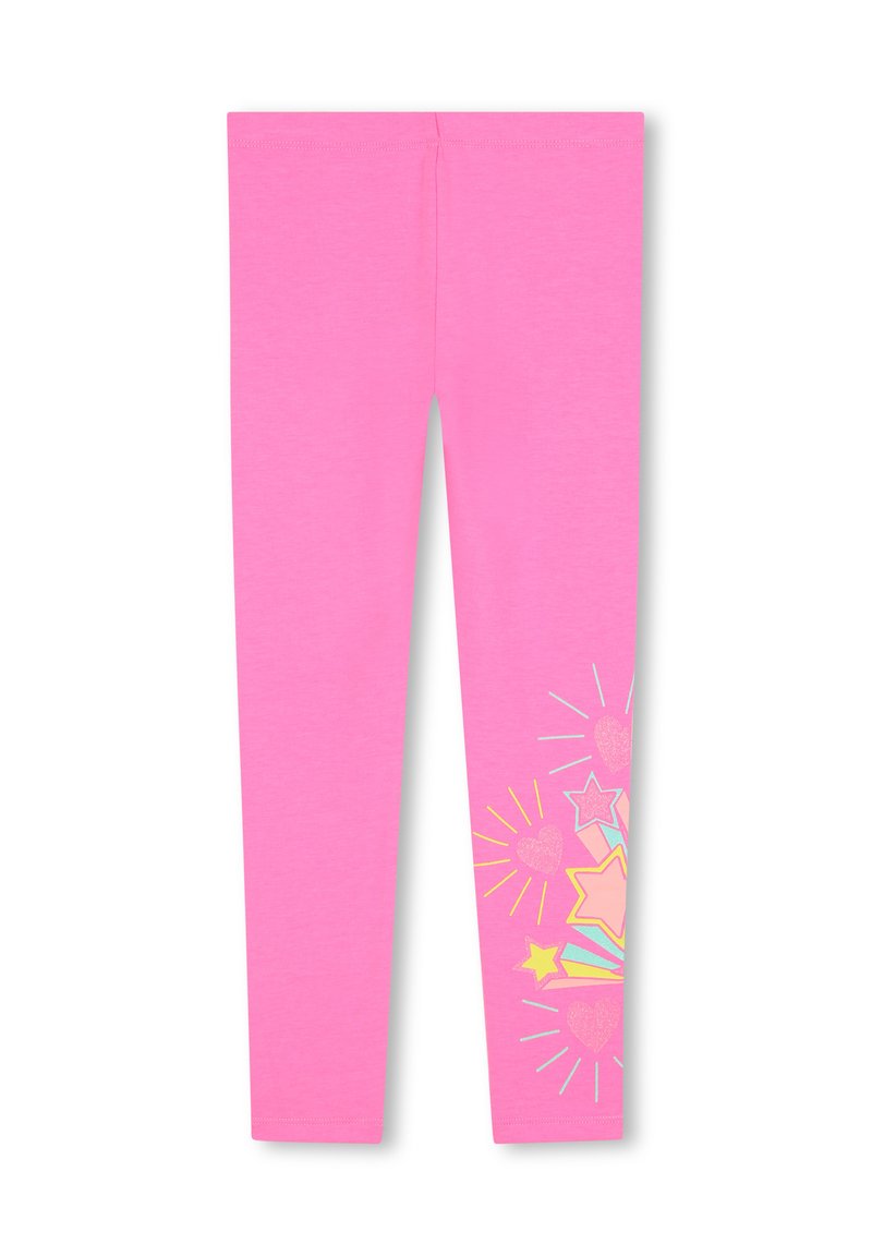 Rosa leggings i en elastisk bomullsblandning med färgglada stjärn- och hjärtdesigner med strålande linjer på ena sidan. Slät yta.