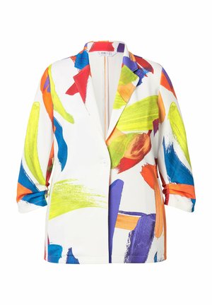 Farverig, oversized blazer med en hvid base, der har abstrakte penselstræk i rød, orange, grøn, blå og lilla; letvægtsstof.