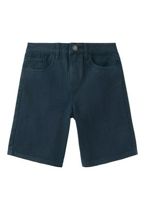 Tmavomodré denimové šortky s predným gombíkom, pútkami na opasok, dvoma bočnými vreckami a malým mincovníkovým vreckom.