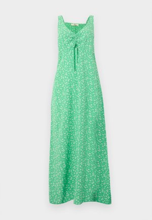 Πράσινο μάξι φόρεμα χωρίς μανίκια με μικρό λευκό ανθισμένο μοτίβο και ζώνη με ρέλι στο μπροστινό μέρος στο στήθος.