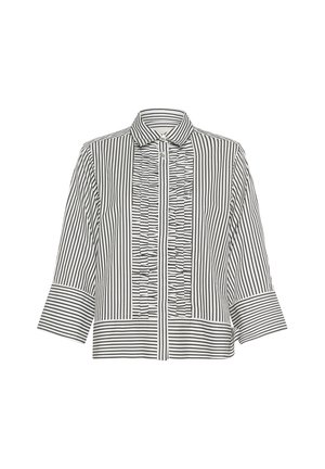 Blusa a righe in bianco e nero, con un davanti arricciato, colletto e maniche a tre quarti. Vestibilità morbida con chiusura a zip.