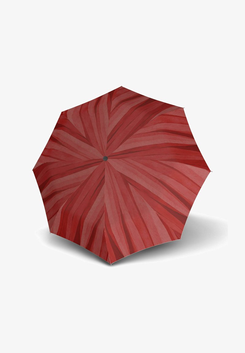 Ombrello rosso con un motivo geometrico di strisce curve sovrapposte. Il tessuto appare liscio con un perno centrale nero solido.