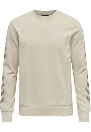 Beiges Sweatshirt mit Rundhalsausschnitt und langen Ärmeln, mit gerippten Bündchen an Ärmeln und Saum, versehen mit dunklen Chevron-Streifen, die beide Ärmel hinunterlaufen.