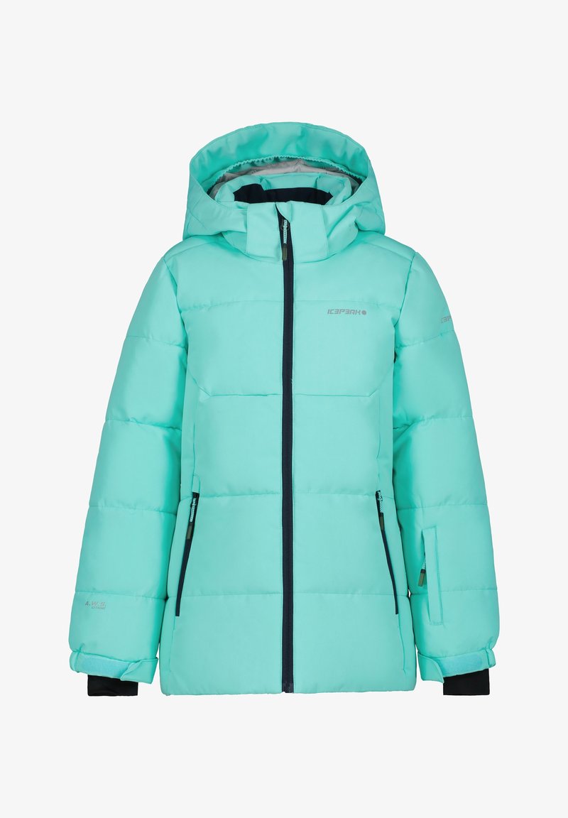 Doudoune bleu clair avec capuche, dotée d'une fermeture éclair à l'avant, de deux poches latérales et de accents noirs contrastants sur les poignets et les fermetures éclair.