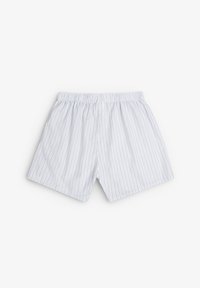 Pantalones cortos a rayas en azul claro y blanco, fabricados en tejido de punto. Cuentan con una cinturilla elástica y un corte holgado. No tienen bolsillos ni cierres.