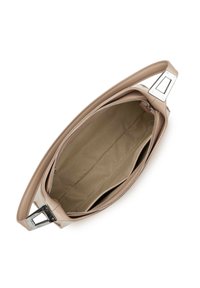 Borsa a mano in pelle beige con chiusura a zip, interno spazioso e due tasche interne. Dettagli hardware color argento sulla maniglia.