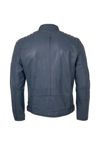 Dunkelblaues Lederjackett mit gesteppten Schulterpanelen und verstellbaren Knopf-Trägern am hinteren Saum, von hinten gezeigt.