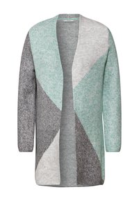 Lange cardigan gemaakt van een zachte, gestructureerde stof met een geometrisch patroon in groen, grijs en lichtgrijs. Open voorkant ontwerp.