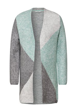 Long cardigan en tissu doux et texturé, avec un motif géométrique dans des nuances de vert, gris et gris clair. Design à l'avant ouvert.