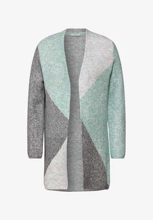 Cardigan lungo realizzato in un morbido tessuto testurizzato con un motivo geometrico nei toni del verde, grigio e grigio chiaro. Design con apertura frontale.