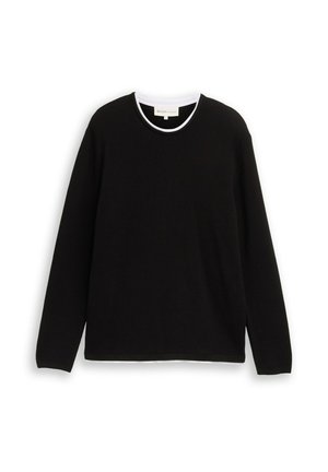 Mustat ribbed pitkähihainen paita, jossa on valkoinen pyöreä kaula-aukko. Kankaan pinta on teksturoitu, rento istuvuus ja suora helma.