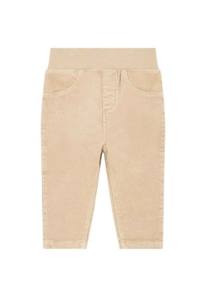 Beige Cords mit einem weichen elastischen Bund, zwei Vorderaschen und einem schlanken Schnitt. Die Textur weist gerippte Rippungen auf.