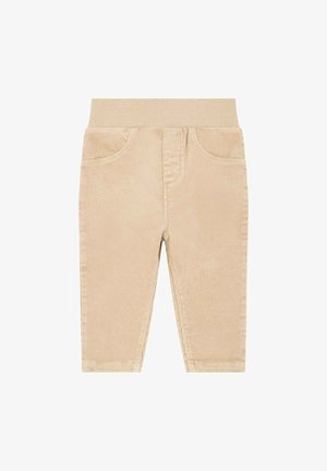Pantalones de pana color beige con una suave cinturilla elástica, dos bolsillos frontales y un diseño ajustado. La textura presenta acanaladuras en relieve.
