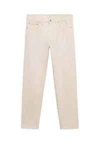 Jeans in denim beige con taglio dritto, dotati di cinque tasche, rivetti metallici e una texture sottile. Design classico con un colore neutro.