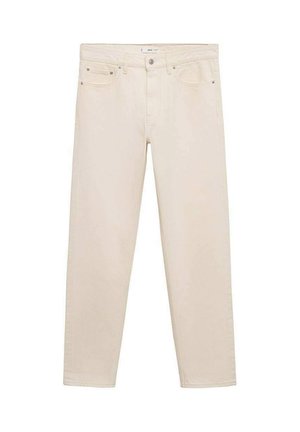 Vaqueros de mezclilla beige con corte recto, que cuentan con cinco bolsillos, remaches de metal y una textura sutil. Diseño clásico con un color neutro.