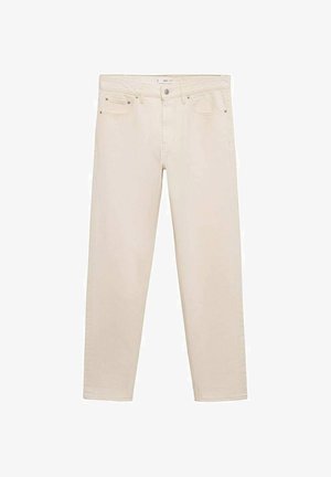 Beige denimjeans med rak passform, med fem fickor, metallnitar och en subtil textur. Klassisk design med en neutral färg.