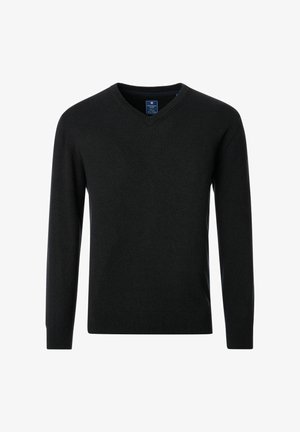 Schwarzer V-Ausschnitt-Pullover aus glattem Stoff, mit langen Ärmeln und geripptem Saum für eine figurbetonte Passform. Einfaches, klassisches Design ohne Muster.