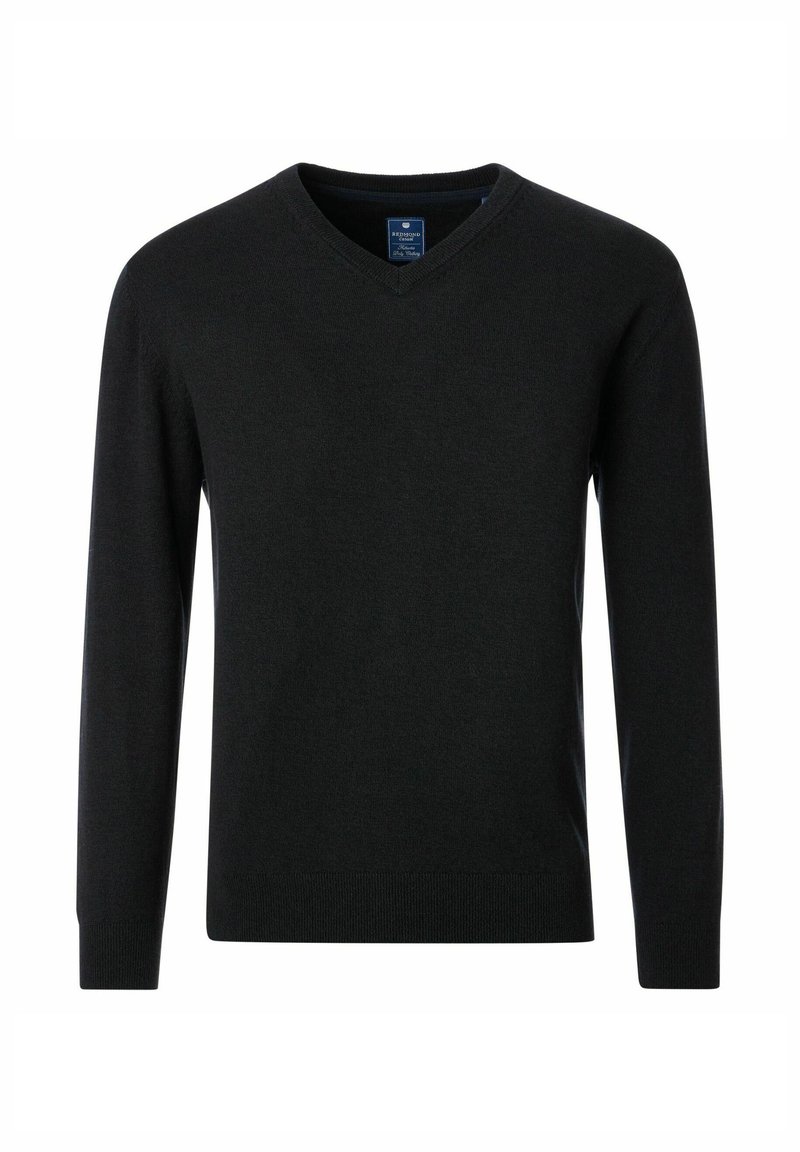 Schwarzer V-Ausschnitt-Pullover aus glattem Stoff, mit langen Ärmeln und geripptem Saum für eine figurbetonte Passform. Einfaches, klassisches Design ohne Muster.