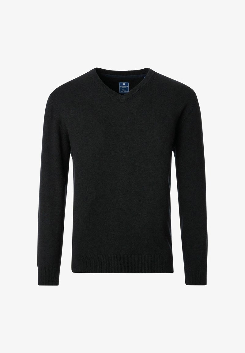 Schwarzer V-Ausschnitt-Pullover aus glattem Stoff, mit langen Ärmeln und geripptem Saum für eine figurbetonte Passform. Einfaches, klassisches Design ohne Muster.