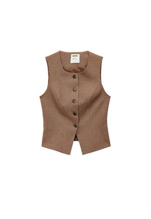 Veste marron sans manches en tissu texturé, dotée de cinq boutons sur le devant et d'un col arrondi. Doublure intérieure lisse.