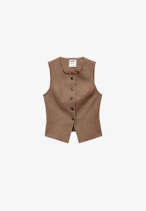 Gilet marrone senza maniche realizzato in tessuto strutturato, con cinque bottoni frontali e scollo arrotondato. Interno con fodera liscia.