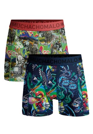 Dve pari boksarskih hlačk, ene z ilustracijami retro filmskega režiserja na pisani vrtinčasti podlagi, druge z risanimi liki, kačami in panterji.