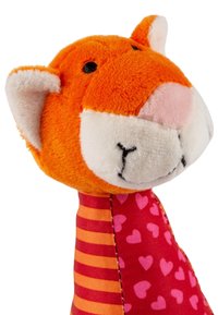 Plush toy with an orange lion head, white facial accents, and a body featuring red fabric with pink heart patterns and orange stripes.