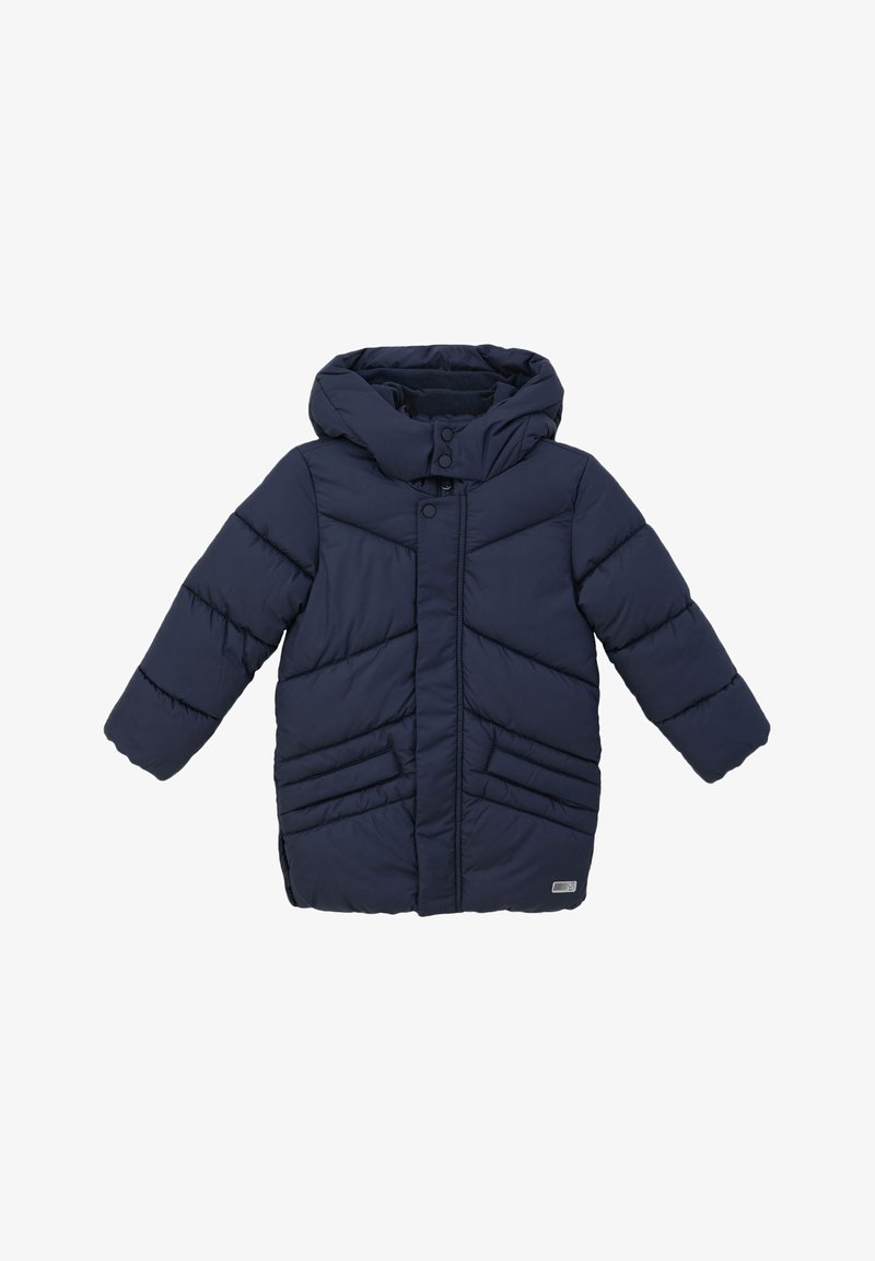 Marinekleurige pufferjack met capuchon, voorzien van een geometrisch quiltpatroon, drukknopen en twee voorzakken. Zachte textuur en warme isolatie.