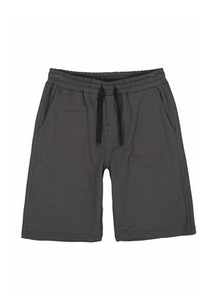 Donkergrijze casual korte broek met elastische tailleband, zwarte trekkoord en zijzakken, plat gelegd op een witte achtergrond.