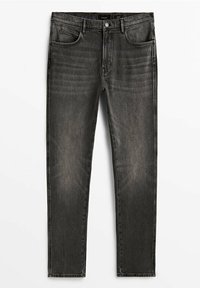 Jeans in denim nero con una vestibilità slim, dotati di cinque tasche, chiusura con bottone e leggere sfumature lungo le gambe per un effetto texture.