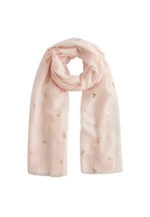 Écharpe rose pâle avec de petits motifs roses métalliques, pliée librement avec des bords à franges, présentée sur un fond blanc.