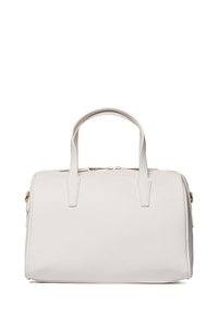 Borsa bianca texture con due manici superiori, accessori in oro e chiusura con zip. Forma rettangolare strutturata per una facile portabilità.