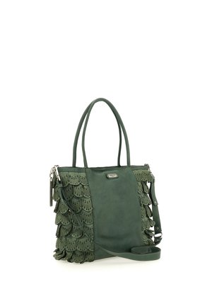 Borsa a mano in pelle verde scuro con dettagli laterali smerlati e tagliati al laser, doppi manici superiori e tracolla regolabile.
