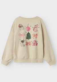 Felpa beige con stampe colorate a tema natalizio: Babbo Natale, ornamenti, pupazzo di neve, albero di Natale, fiocchi, cervi e regali sul retro.