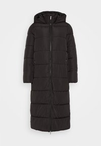 Black padded long jacket with a hood, zip front, and side pockets; features quilted texture and a straight cut design.