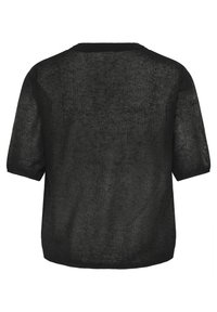 Haut noir à manches courtes en tissu transparent et texturé. Encolure ras du cou classique avec une coupe décontractée et de subtils détails de couture.