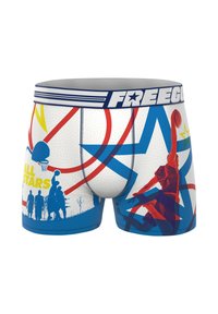 Caleçons boxers avec un design bleu, blanc et rouge, mettant en avant un thème de basketball, des silhouettes de joueurs et un motif graphique d'étoiles.