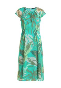Lekka, sukienka do kolan w kolorze teal z tropikalnym wzorem liści. Posiada rękawy typu cap oraz plisowany fason w talii. Zamek błyskawiczny z tyłu.