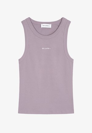 Sleeveless ribbed knit tank top in muted lavender with round neckline and white "OH APRIL" text centered on chest.
