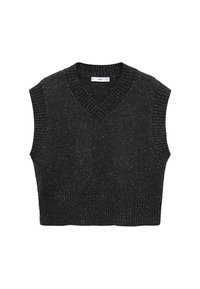 Schwarzer ärmelloser Pullover mit V-Ausschnitt, gerippter Textur und dezenten funkelnden Fasern, mit einem kurzen Schnitt und weiten Armausschnitten.