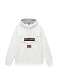 Hoodie bianco con cappuccio foderato grigio e cordoncino, tasca frontale con logo patch nero e colorato, e dettaglio della bandiera norvegese ricamato.