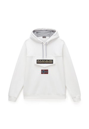 Hoodie bianco con cappuccio foderato grigio e cordoncino, tasca frontale con logo patch nero e colorato, e dettaglio della bandiera norvegese ricamato.