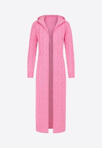 Różowy długi kardigan z kapturem, wykonany z dzianiny warkoczowej, z prążkowanymi mankietami i otwartym przodem.