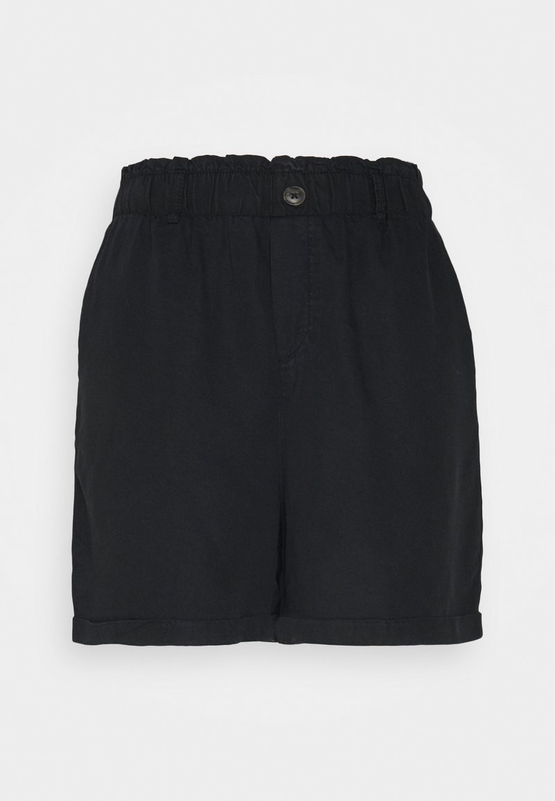 Pantalones cortos negros con cintura elástica y botón, diseño clásico, textura suave y detalle de dobladillo enrollado.
